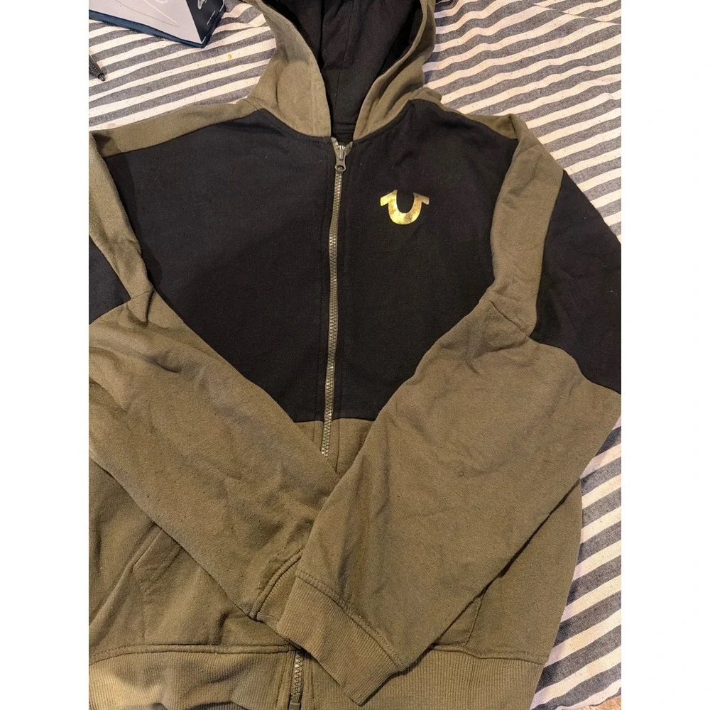 True Religion Mens Hoodie Full Zip Olive Green Black Gold Logo Colorblock Large